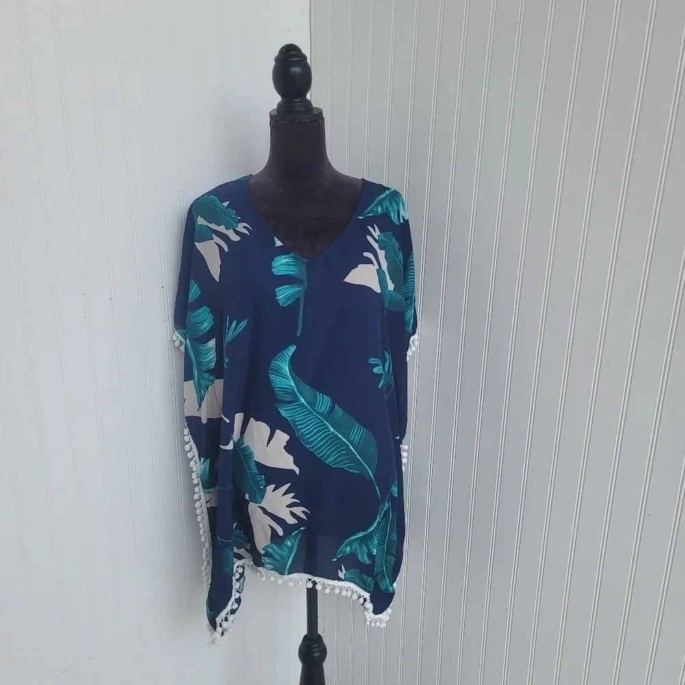 Adreamly Womens Navy Blue Leaves Swim Cover Up Tassels Beach Vacation M/L